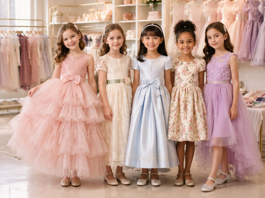 Girls clothing collection displaying princess dresses, flower girl dresses and fashionable kids dresses from a China children's clothing supplier