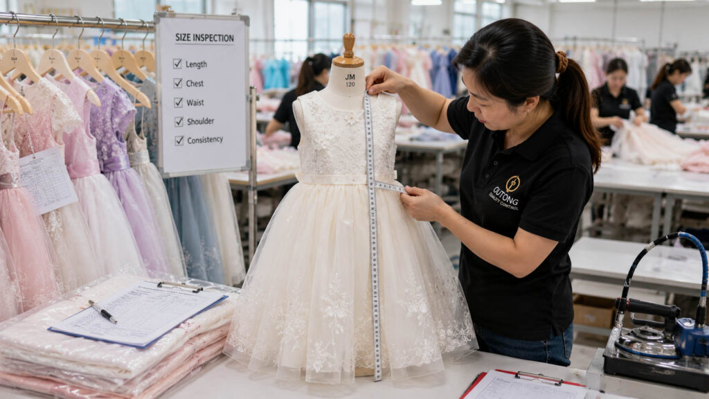 Quality inspector measuring girls' dresses for size consistency