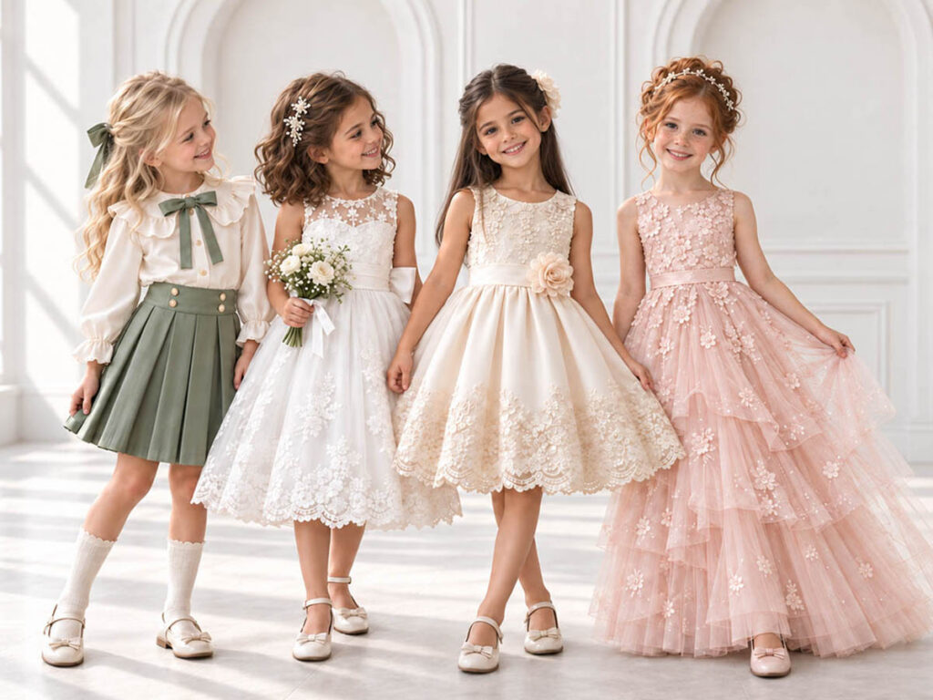 Four girls modeling a white flower girl dress, pink party dresses and a coordinated skirt set from a wholesale girls’ clothing collection.