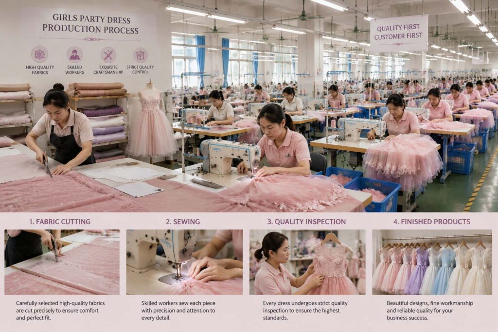 Girls party dress OEM ODM factory showing production line sample room and quality inspection process for wholesale buyers