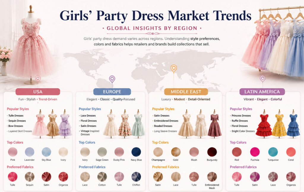 Global comparison of girls party dress styles across USA Europe and Middle East showing different market preferences