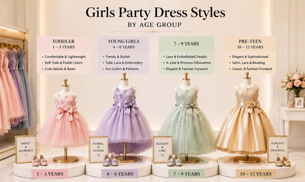 Girls party dresses displayed for different age groups including toddler young girls and pre teens in showroom display