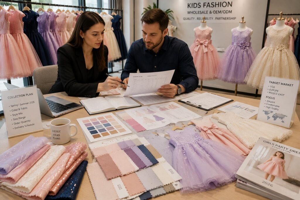 Wholesale buyers planning girls party dress collection with fabric samples and product development materials in showroom