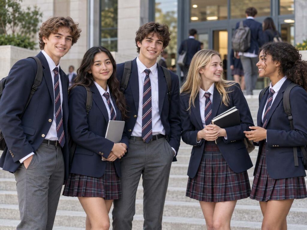 High school students wearing navy blazers, ties, trousers and plaid skirts outside a school building