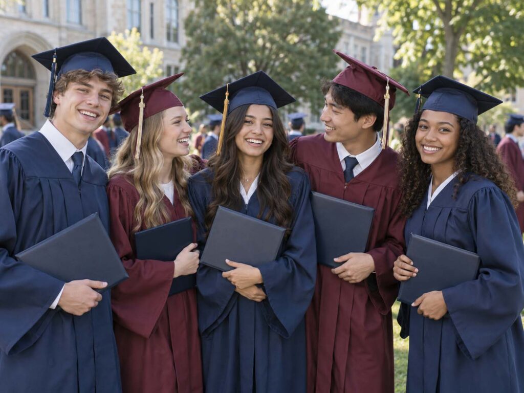 High school graduates wearing navy and burgundy gowns and caps at an outdoor ceremony
