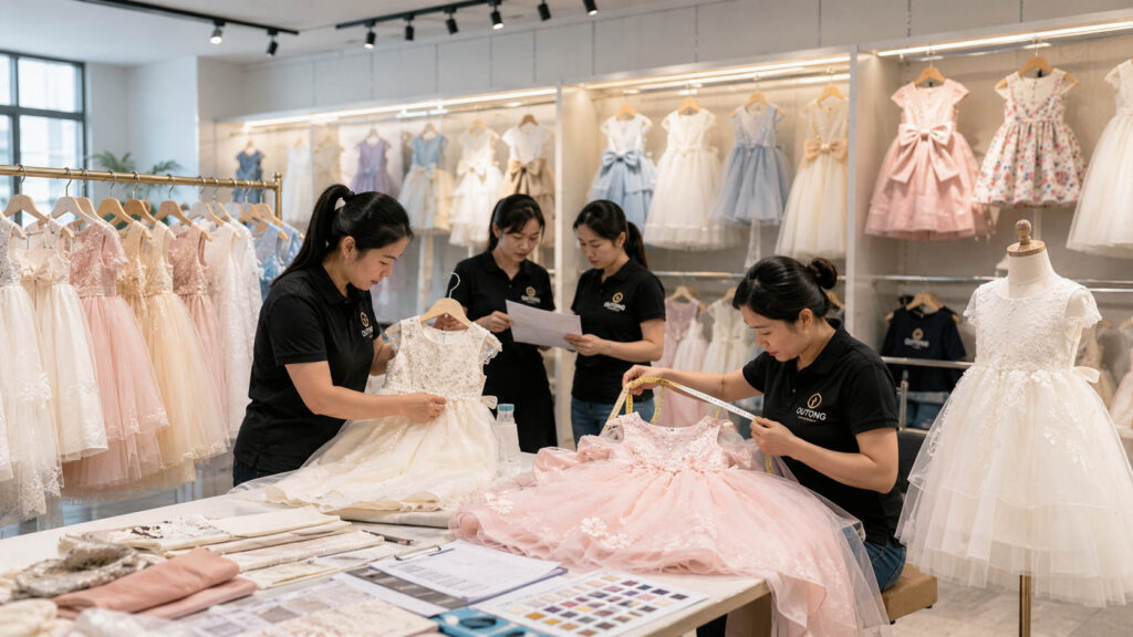 Quality inspection during girls' dress manufacturing before bulk production