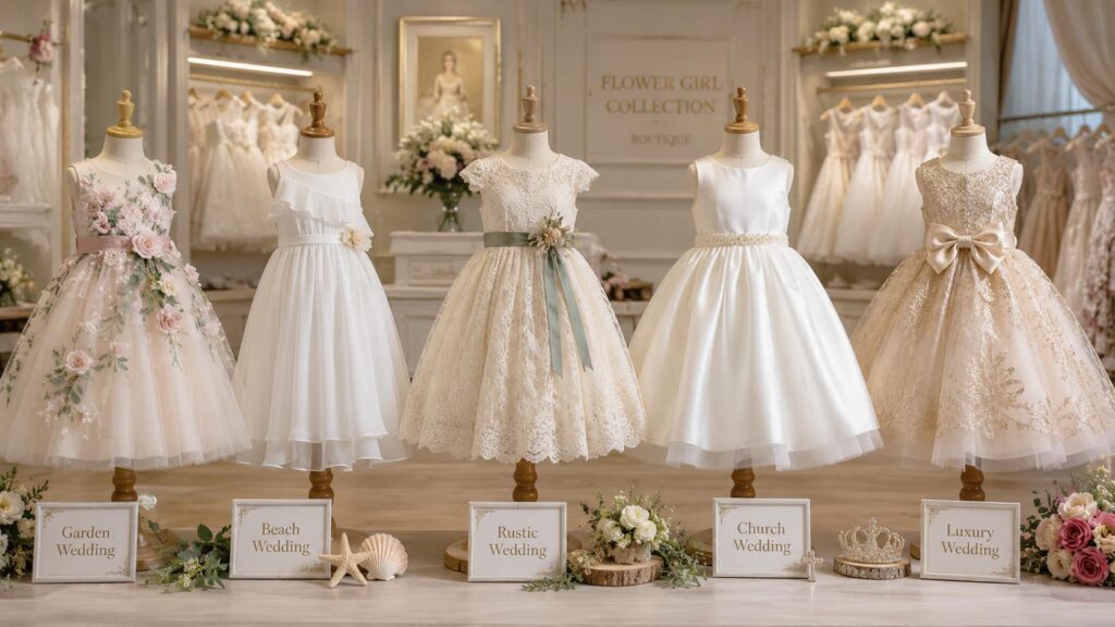 Professional display of flower girl dresses for different wedding themes, garden wedding flower girl dress with floral appliques, beach wedding chiffon dress, rustic lace flower girl dress, church satin and tulle dress, luxury embroidered princess flower girl dress showcased together, blush pink, ivory, champagne and sage green color palette, elegant childrens formalwear showroom, wedding boutique collection, realistic photography, high detail, 16:9