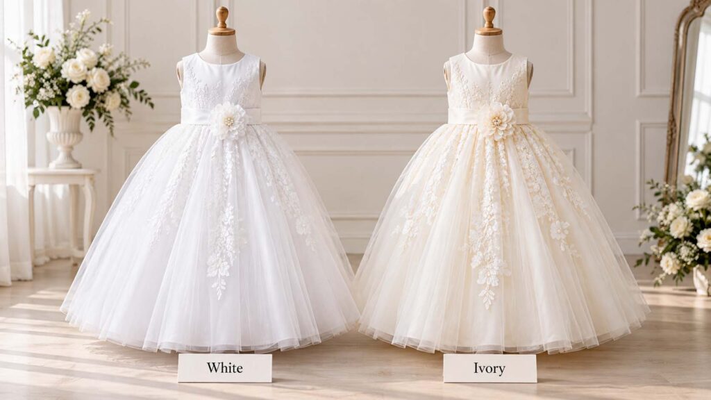 Ivory vs white flower girl dresses shown side by side for color comparison