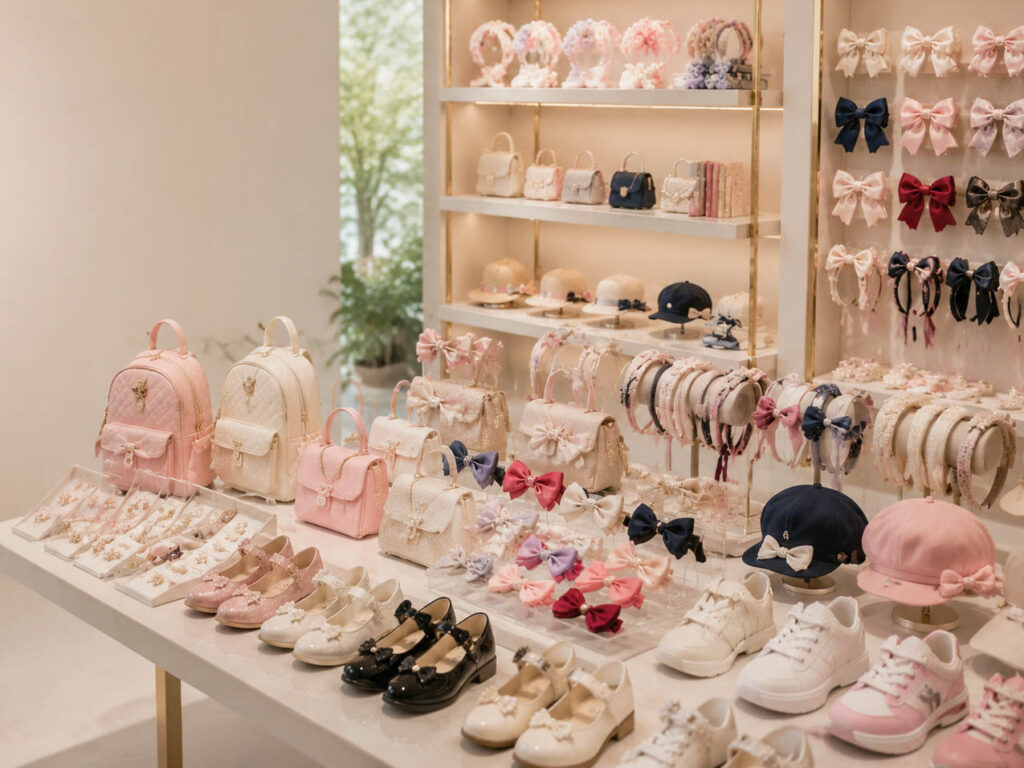 Children's accessories collection including hair bows, handbags, shoes, hats and fashion accessories displayed in a professional kidswear showroom