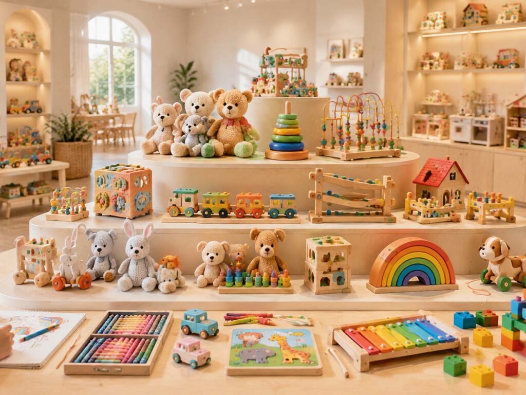 Children's toys collection displayed in a modern showroom, including educational toys, wooden toys, plush toys and creative play sets for wholesale suppliers