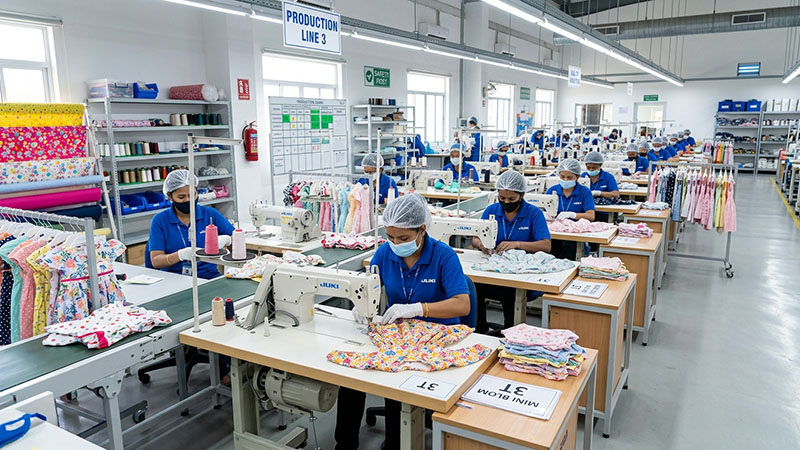kids clothing factory production line sewing dresses