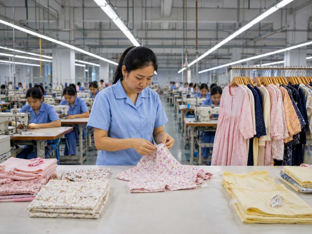 Chinese quality inspector checking finished children’s clothing in a clean and organized kidswear factory.