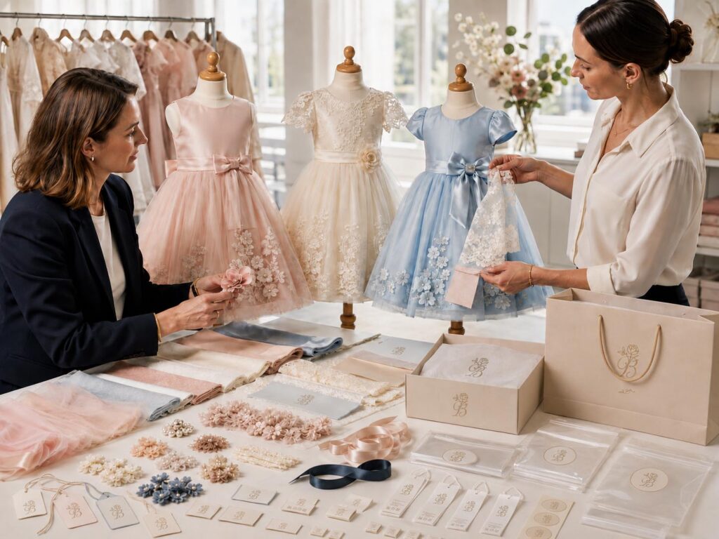 Brand buyer and product specialist reviewing customized girls’ dresses, fabrics, decorative details, blank hangtags and private-label packaging.