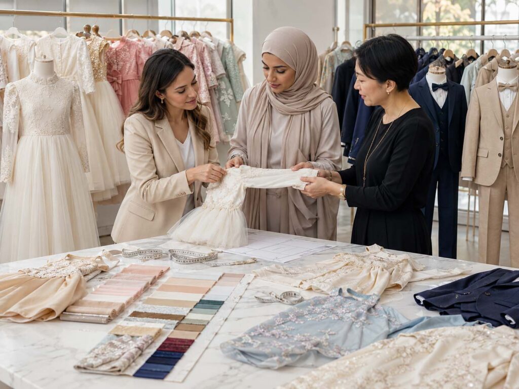 International kidswear buyers and a product specialist reviewing fabrics, sizing and garment details for different regional markets.