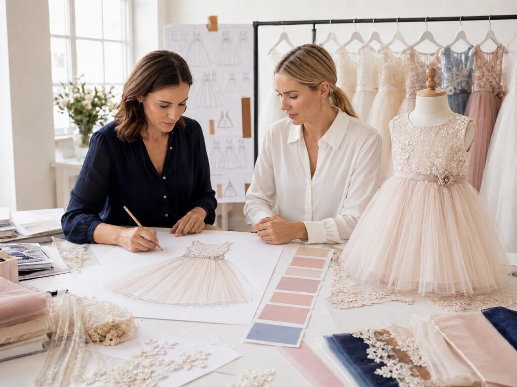 Kidswear designer creating a girls’ formal dress sketch and color palette beside the matching finished dress sample.