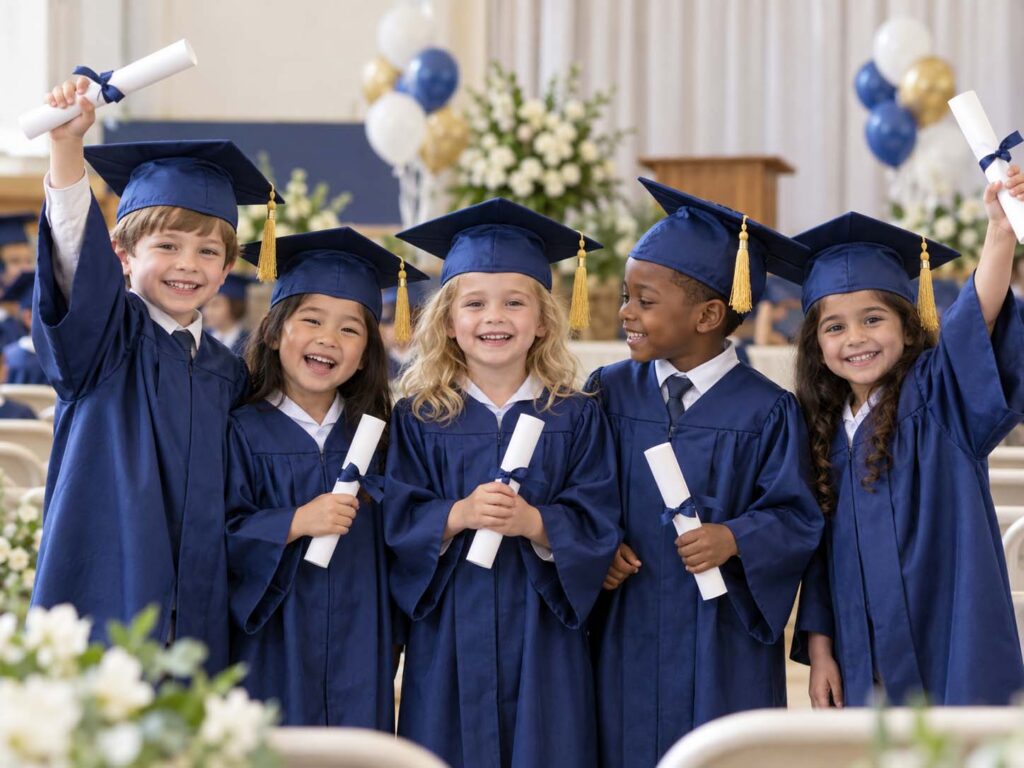 Kindergarten graduates wearing blue gowns and mortarboard caps at a school ceremony