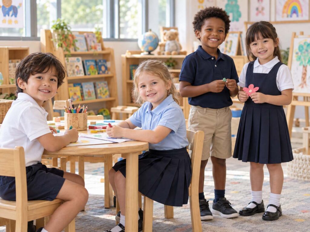 Kindergarten children wearing polo shirts, shorts, pleated skirts and pinafore uniforms in a classroom