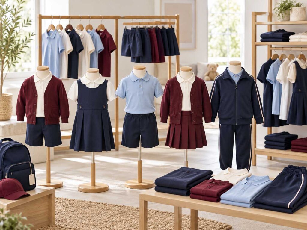 Wholesale kindergarten uniforms including polo shirts, cardigans, dresses, shorts and sportswear.