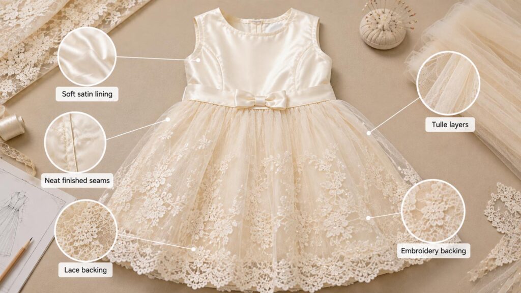 Soft lining and finished seams inside a children's formal dress