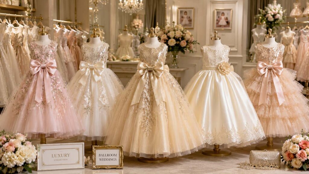 Luxury flower girl dress collection for ballroom weddings, embroidered flower girl dresses, oversized bow princess dresses, layered tulle skirts, premium satin fabrics, champagne gold, blush pink and ivory colors, elegant wedding boutique display, high-end childrens formalwear collection, realistic photography, high detail, 16:9
