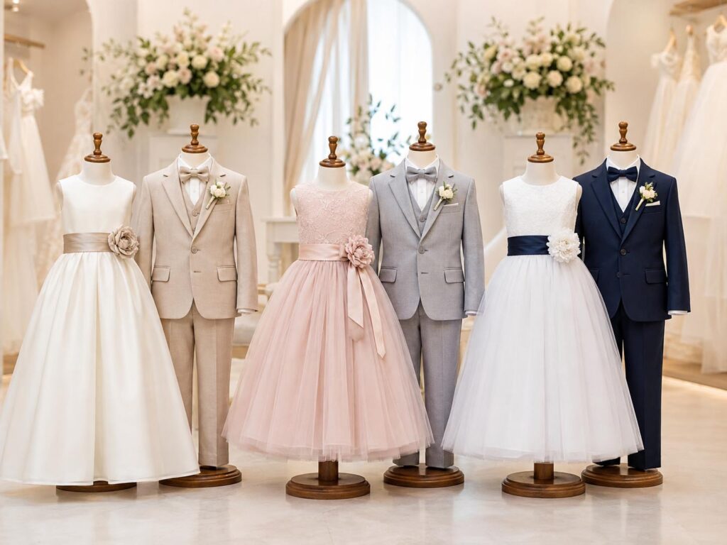 Coordinated flower girl dresses and boys’ wedding suits displayed in matching colors for different wedding themes.