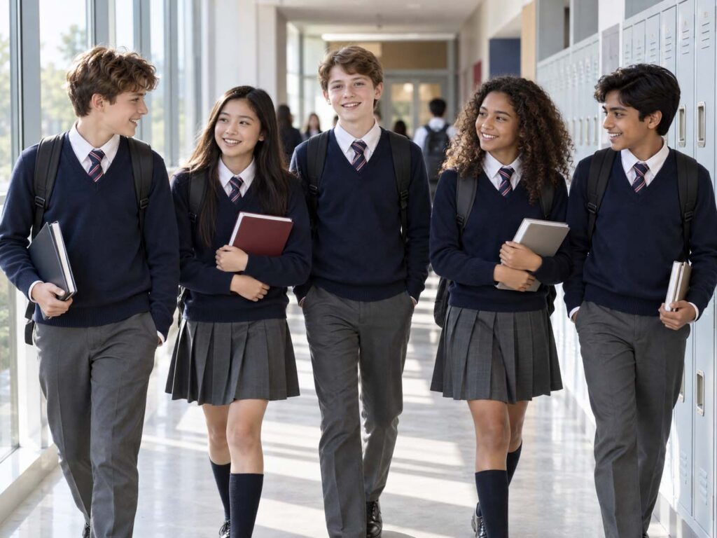 Middle school students wearing shirts, ties, sweaters, trousers and pleated skirts in a school hallway