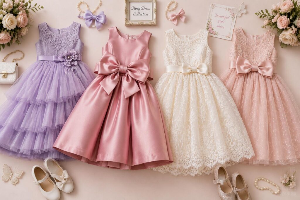 Popular girls party dress styles including tulle satin lace and bow dresses arranged for wholesale fashion collection