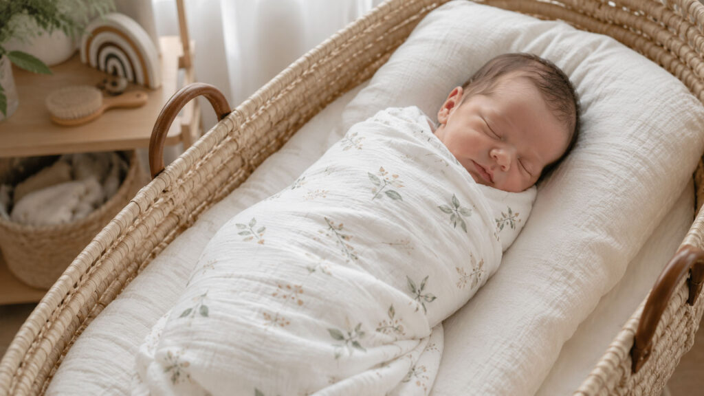 Newborn baby sleeping in a breathable muslin swaddle blanket