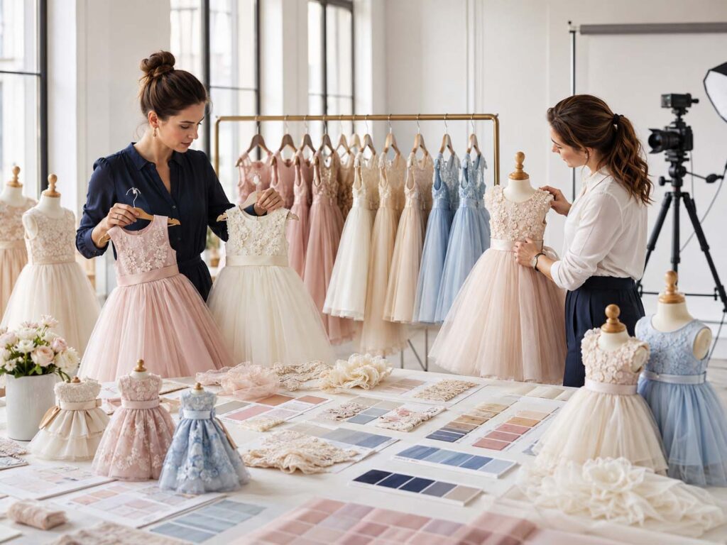 Online kidswear brand team arranging coordinated girls’ dresses in commercial colors and multiple sizes for new product launches and photography.