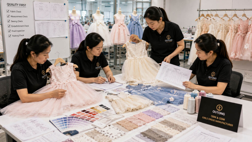 Outong factory team reviewing girls' dress samples before production