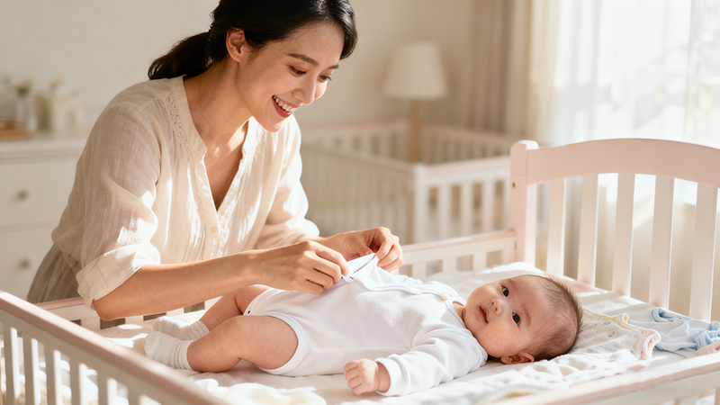 Mother dressing her baby in a white romper