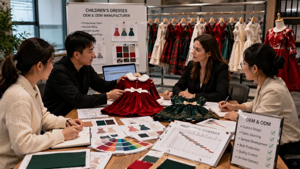 Retail buyer discussing Christmas dress production plans with a childrens clothing manufacturer.