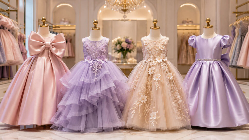 Popular girls birthday dress trends for 2026 including oversized bow dresses, layered tulle dresses, floral applique dresses and satin party dresses.