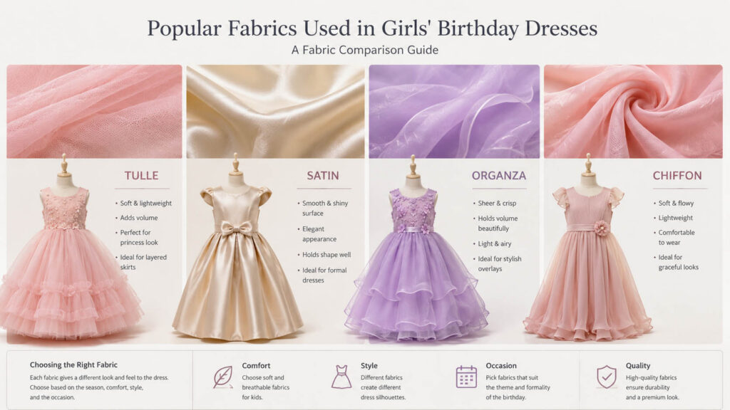 Comparison of tulle, satin, organza and chiffon fabrics commonly used in girls birthday dresses.