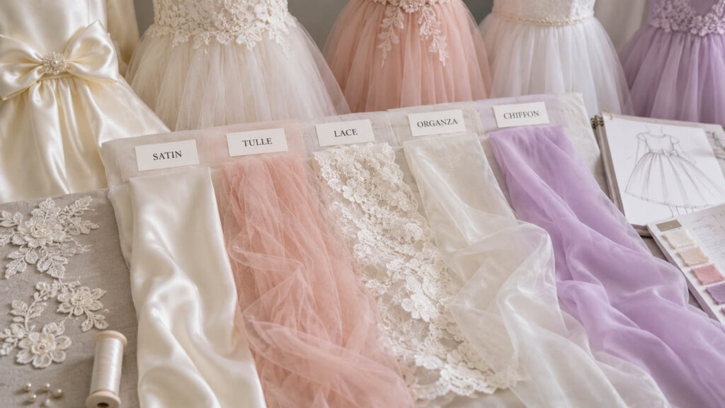 Satin, tulle, lace, organza and chiffon fabrics for children's formal dresses
