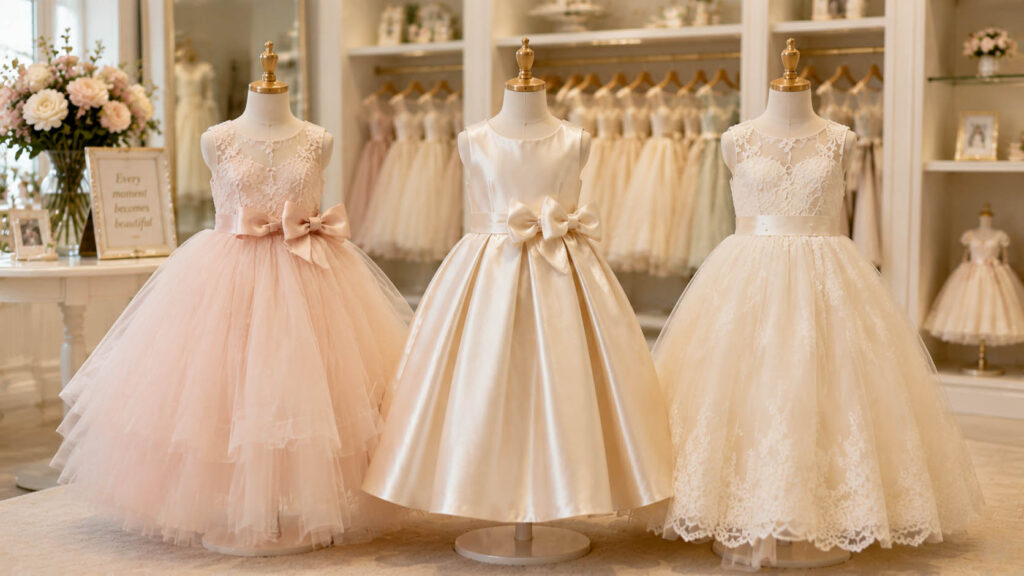 Popular summer flower girl dress styles including tulle satin and lace designs