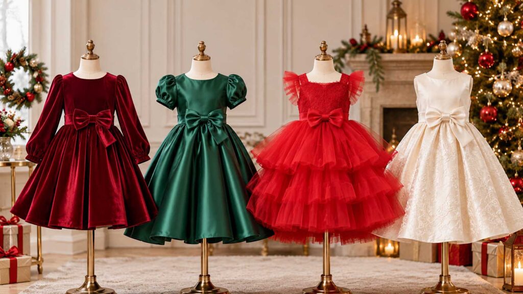 Girls Christmas dress styles in velvet, satin, tulle and classic A-line designs