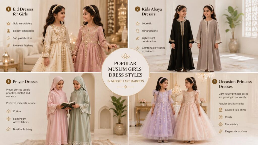 Popular Muslim girls dress styles in Middle East markets including Eid dresses abayas prayer dresses and princess dresses