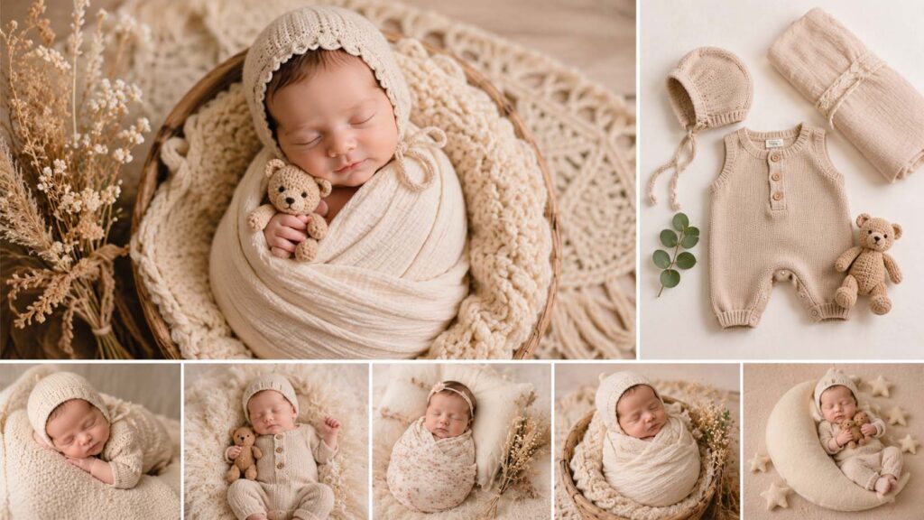 Newborn photoshoot outfits including muslin wraps knit rompers and bonnet sets