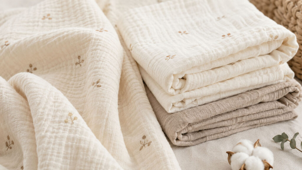 Soft cotton muslin baby blanket fabric texture and material detail