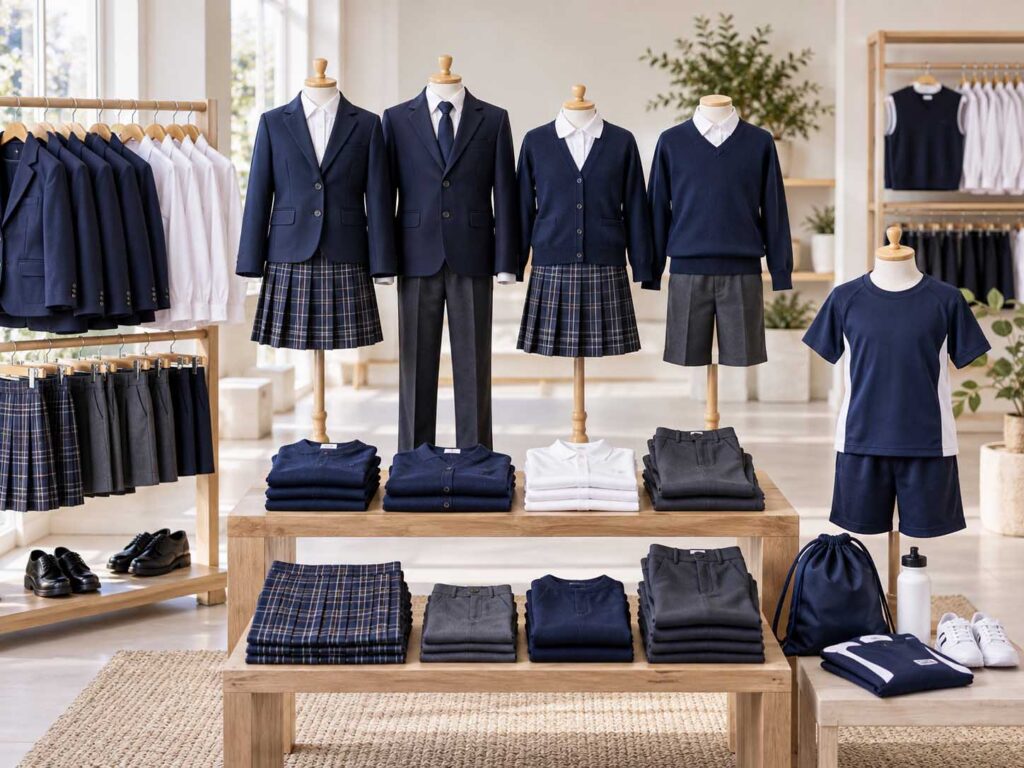 Coordinated primary school uniforms with blazers, shirts, knitwear, skirts, trousers and sportswear.
