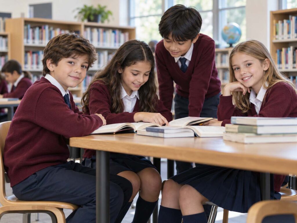 Primary school students wearing burgundy cardigans and formal uniforms in a school library