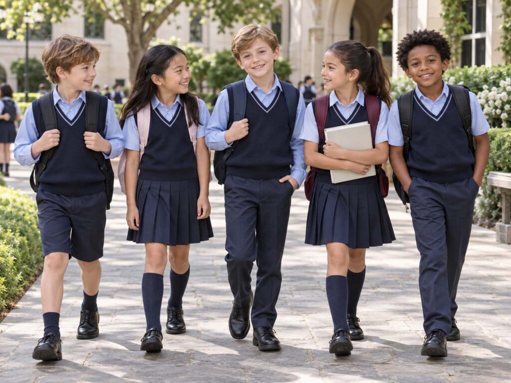 Primary school students wearing shirts, sweater vests, trousers and pleated skirts on campus