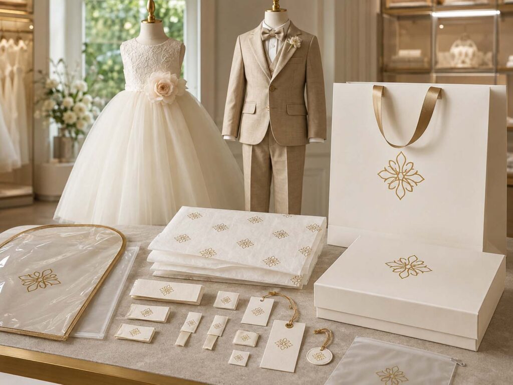 Custom labels, hangtags, garment bags and branded packaging displayed with a flower girl dress and boys’ wedding suit.