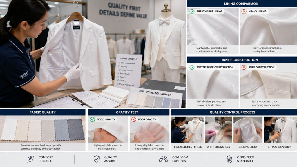 Quality inspection of boys Communion suit lining and fabric details