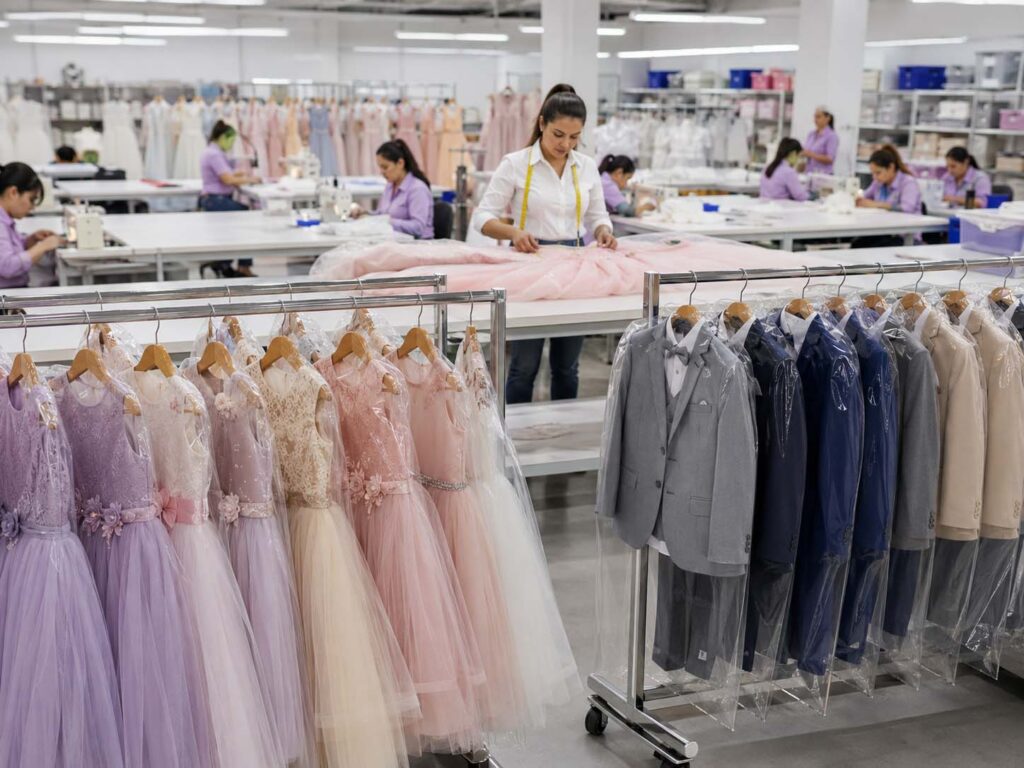 Ready-stock flower girl dresses and boys’ suits displayed in an organized children’s formalwear production facility.