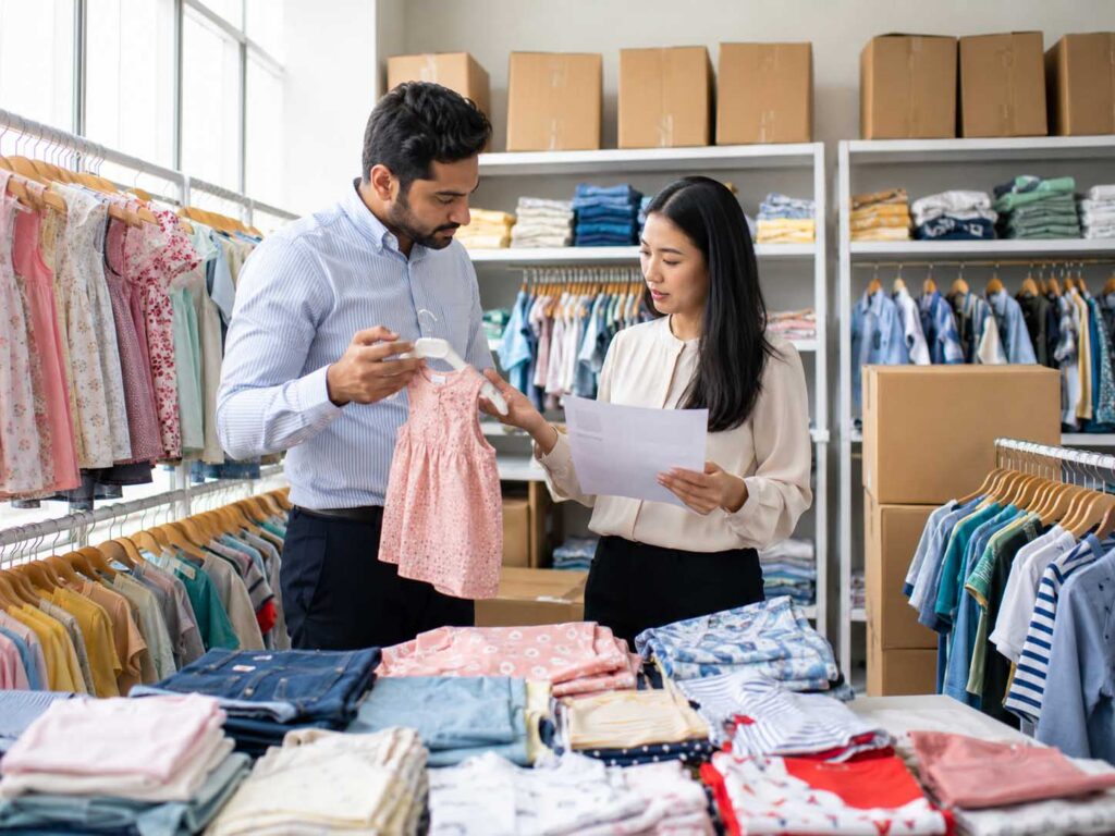 Wholesale buyer selecting ready-stock girls’, boys’ and baby clothing with a supplier in an organized stock showroom.
