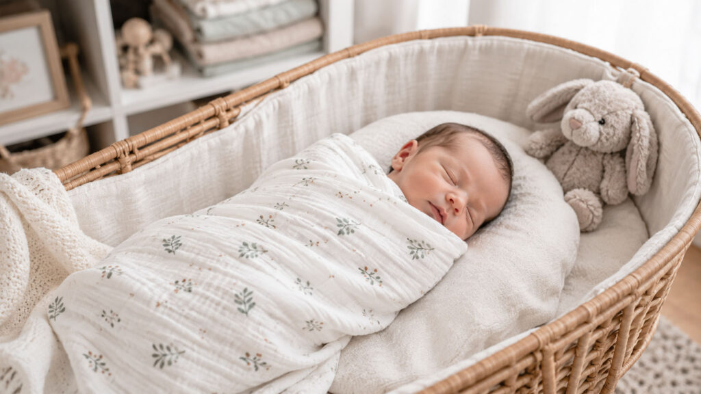 Newborn baby wrapped in a lightweight cotton receiving blanket