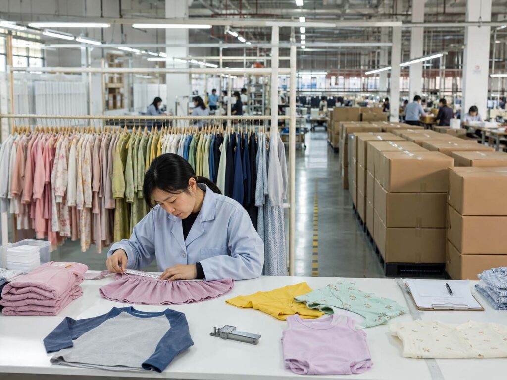 Quality inspector checking children’s clothing beside finished garments and export cartons in a Chinese factory.