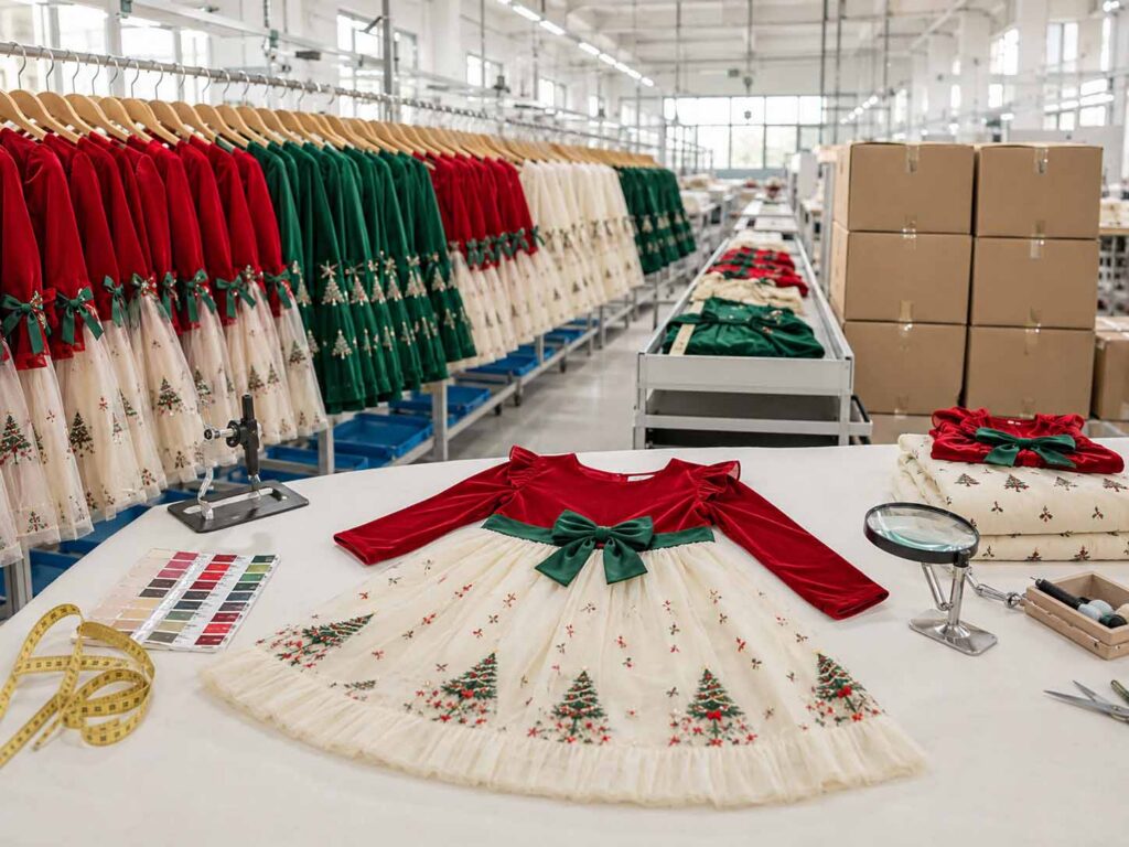 Christmas girls’ dresses undergoing bulk production and quality inspection in an organized children’s clothing factory.